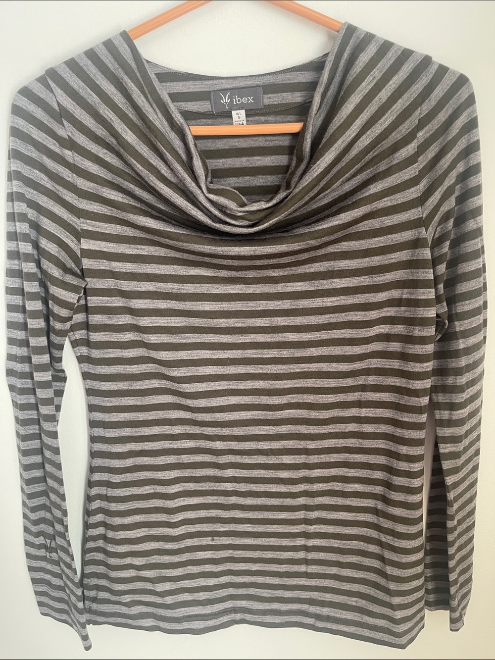 ibex Women's Gray & Charcoal Merino Wool Striped Cowl Neck Sweater